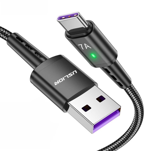 Cable USB Tipo C de 1.2 metros con carga rápida de 7A y luz LED multicolor, compatible con múltiples dispositivos, ideal para carga segura y sincronización de datos.