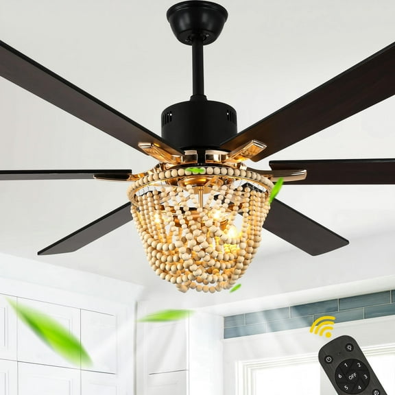 Chords Attic 65" Boho Ceiling Fan with Light & Remote Control, Wood Bead Farmhouse Chandelier Style, 6-Speed Quiet Motor for Living Room, Bedroom