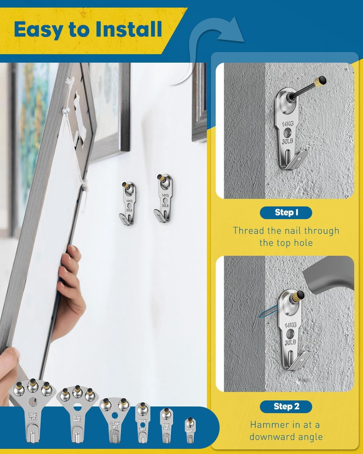 JJEAN-152 Pcs Picture Hanging Kit, 10 lb, 20 lb, 30 lb, 50 lb, 75 lb, 100 lb Heavy Duty Picture Hangers for Drywall & Wood, Picture Hanging Hooks, Frame Hooks, Silver