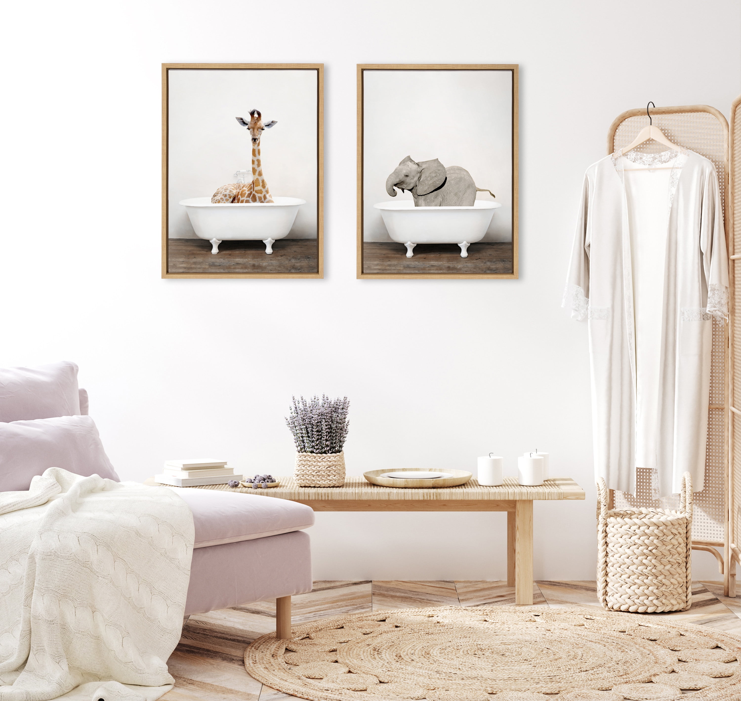 Kate and Laurel Sylvie Giraffe 2 in the Tub Color Framed Canvas Wall Art by Amy Peterson Art Studio, 18x24 Natural, Modern Fun Decorative Bathtub Wall Art for Home Décor