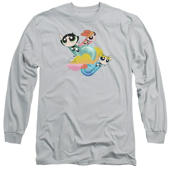 Powerpuff Girls Spiral Streaks Long Sleeve Adult 18/1 T-Shirt Silver