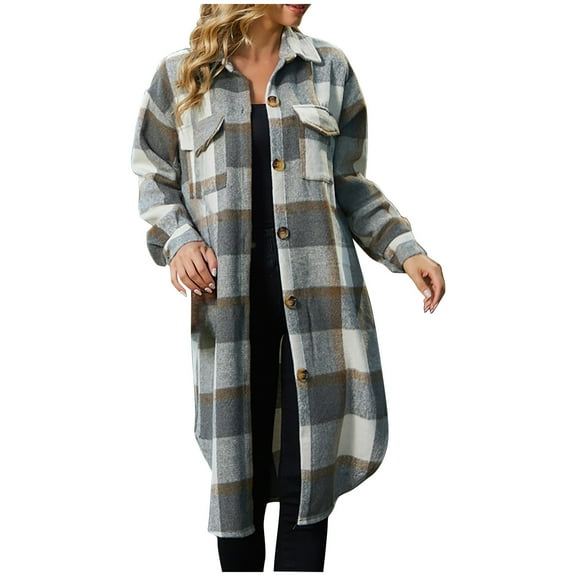 FNFHFY Womens Plus Size Shacket Jacket Casual Lapel Button Down Checkered Coats Long Buffalo Plaid Shirt Tartan Shackets