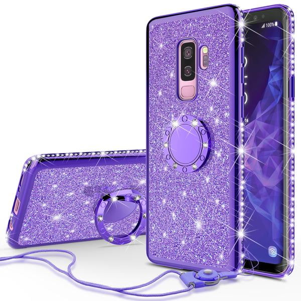 Compatible with Samsung Galaxy S9 Plus Case,PHEZEN Girls Bling Glitter Sparkle TPU Case with 360 Ring Stand Holder,Chrome Soft Silicone Rubber Bumper Protective Case for Galaxy S9 Plus Silver 