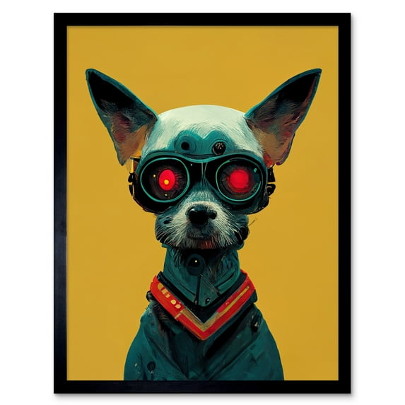 Cyborg Chihuahua Dog With Infrared Goggles In Mustard Red Background Art Print Framed Poster Wall Decor 12x16 inch