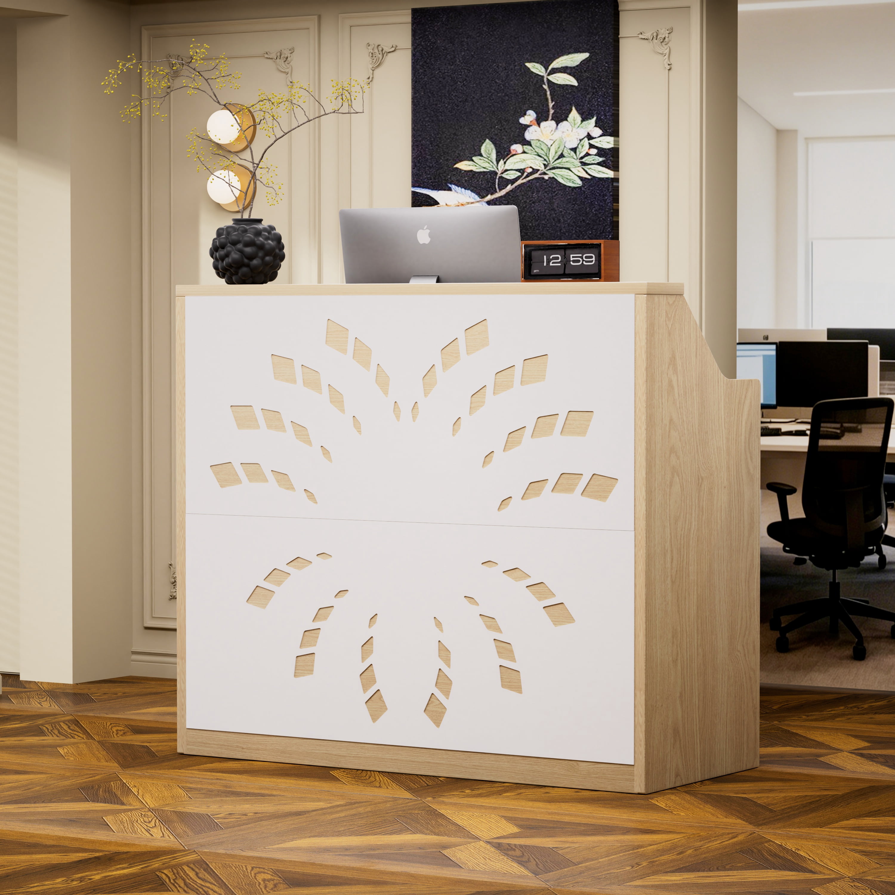 Astoutdoor 46.5 in Reception Desk with Storage Cabinet, Front Desk, Retail Checkout Counter, Natural + White