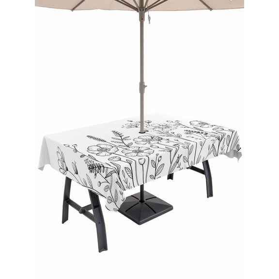 Outdoor Tablecloth with Umbrella Hole for Patio/Picnic/Party/Camping, Spring Flowers Waterproof Table Cloth Rectangle Table Cover Washable, Modern Simple Botanical Wildflowers Herbs (60"x 102")