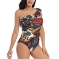 thumbnail image 3 of Gukieu Samurai Frog Guitar Print One-shoulder Ruffled One-piece Swimsuit with Removable Chest Pads and Tummy-control Swimsuit for Women-X-Large, 3 of 6