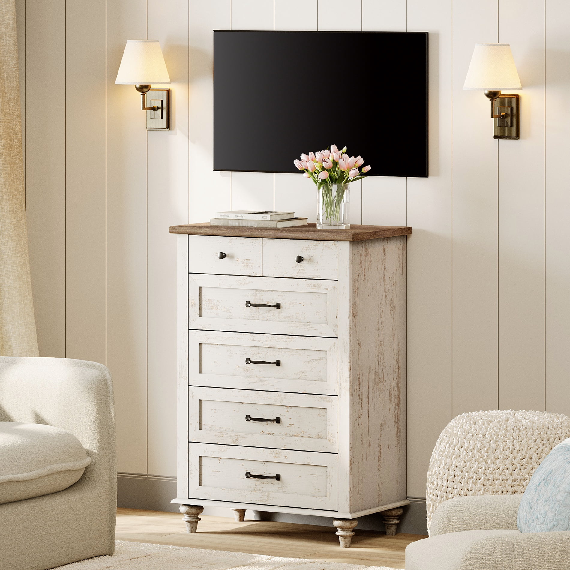 5-Drawer Farmhouse Dresser, Antique White Chest of Drawers for Bedroom & Living Room