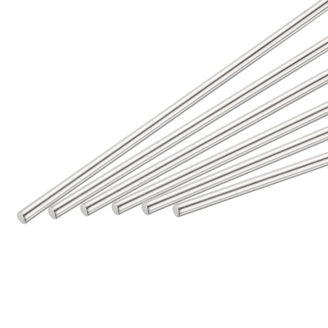6pcs 304 barras de varilla de acero inoxidable, 3mm x 100mm para varios ejes de manualidades de modelos de coches. Seis varillas redondas tono plateado en diagonal, primer plano, longitud 100 mm y diámetro 3 mm con acabado liso y brillo metálico; diseñadas para ejes en modelos de aviones, barcos y coches y fáciles de cortar a la medida. También suelen usarse para proyectos de bricolaje y pequeños soportes estructurales en maquetas.
