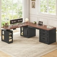 thumbnail image 3 of SEDETA Farmhouse L Shaped Standing Desk with Storage, Standing Computer Desk with Power Outlets, Height Adjustable Two Person Desk with Drawers & Cabinet, Home Office Desk with Open Shelves, Black, 3 of 9