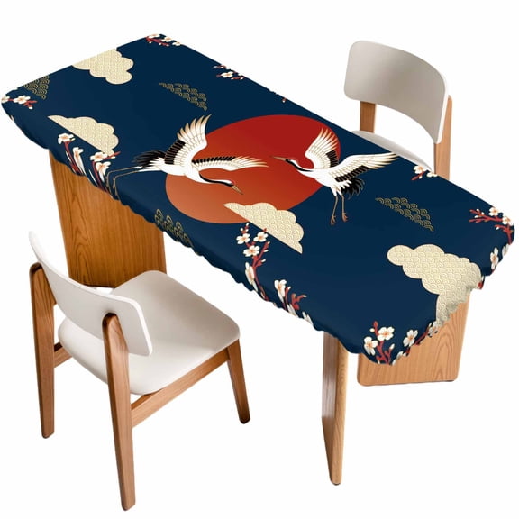Japanese Style Table Cloths for 8 Foot Rectangle Tables, Modern Cranes Cherry Flower Wave Navy Blue Patio Waterproof Elastic Fitted Tablecloths, Washable Rectangular Table Cover for Camping