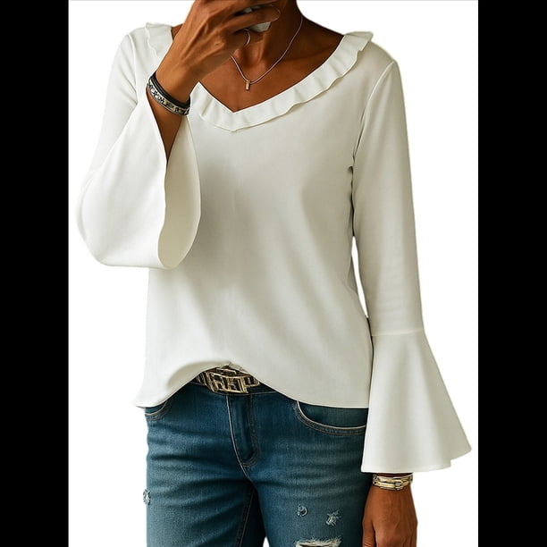 Blusa de Mujer con Volantes, Mangas 3/4, Cuello en V, Informal, para Negocios, y Verano XXL