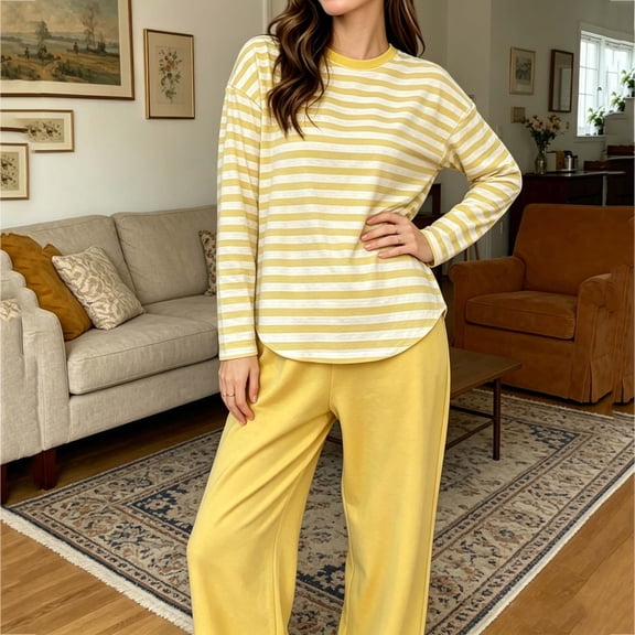 Hanen Womens 2-Piece Striped Pajama Set, Long Sleeve Curved Hem Top & Wide Leg Pocket Drawstring Pants, Soft Breathable Loose Daily Sleep Loungewear