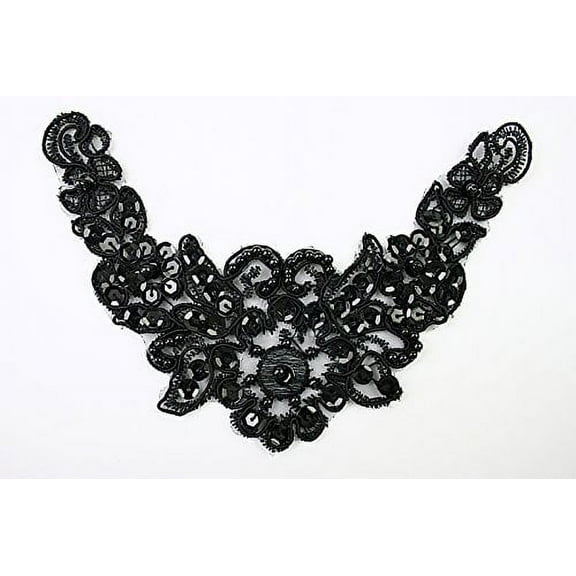 6" x 4.5" Black Corded Beaded Sequins Floral Organza Sew On Applique Patch