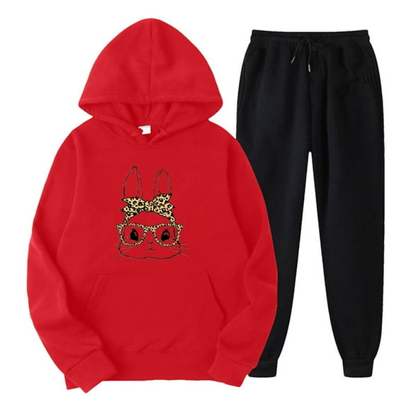 Wyzesi Basketball Shorts Suit Girl Black Women's Autumn and Winter Casual Rabbit Print Round Neck Hooded Long Sleeve Sweatshirt and Pants Suit (Style 2) Swimsuit Board Shorts Suit for Women