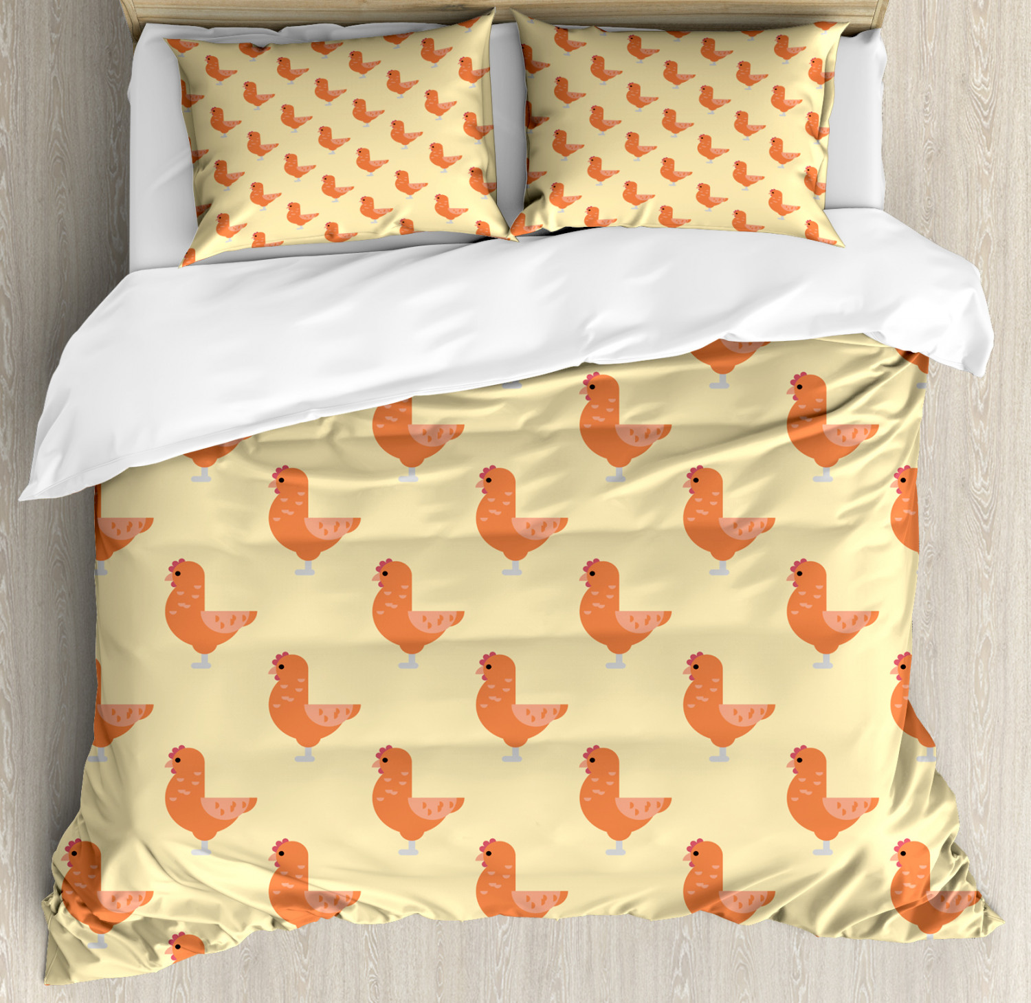 Chicken Duvet Cover Set, Pattern of Birdies Domestic Farm Animal
