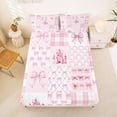 thumbnail image 5 of Manfei Pink Princess Castle Bow Full Size Sheets For Kids Girls,Patchwork Geometric Plaid Bed Sheets,4-Piece, 5 of 6
