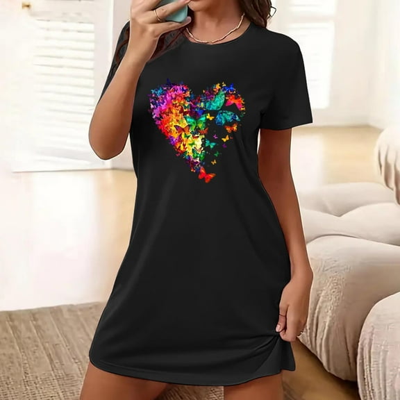 VgaVtl Womens Sleep Shirts Plus Size Black Short Short Sleeve Women's Nightgowns & Sleepshirts Print Nightgowns