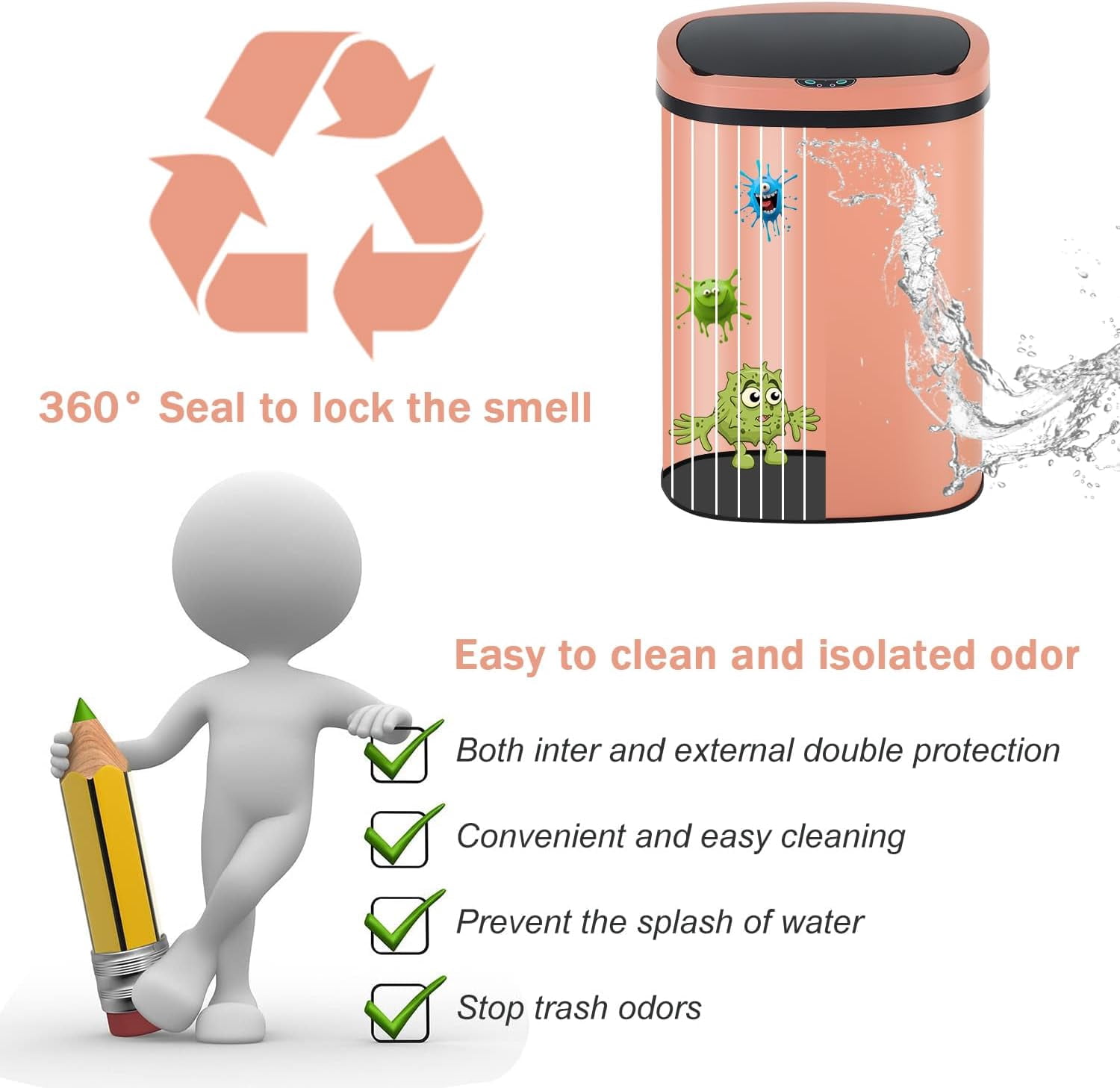 BIQWBIC 13 Gallon Automatic Trash Can, Touchless Stainless Steel Kitchen Garbage Can, Pink