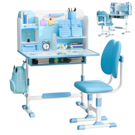 YNCE Kids Table and Chairs Set 5-16,Height Adjustable Children Study Desk Chair Set,Multifunctional Writing Desk Table with Drawer,Bookstand,Ergonomic Learning Drawing Table for Girl Boy (Blue #3)