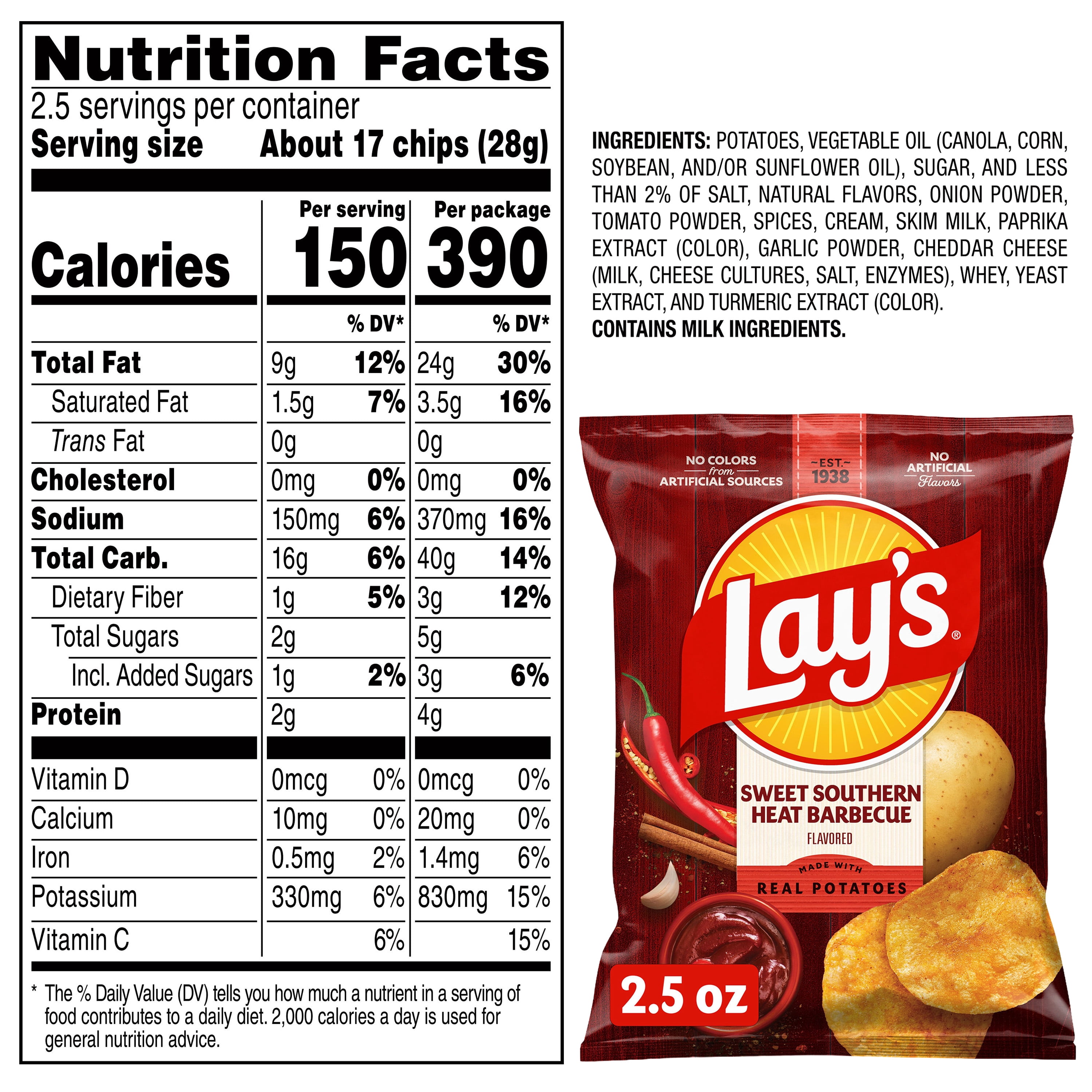 Lay's Potato Chips Sweet Southern Heat BBQ Flavored 2.5 oz Bag