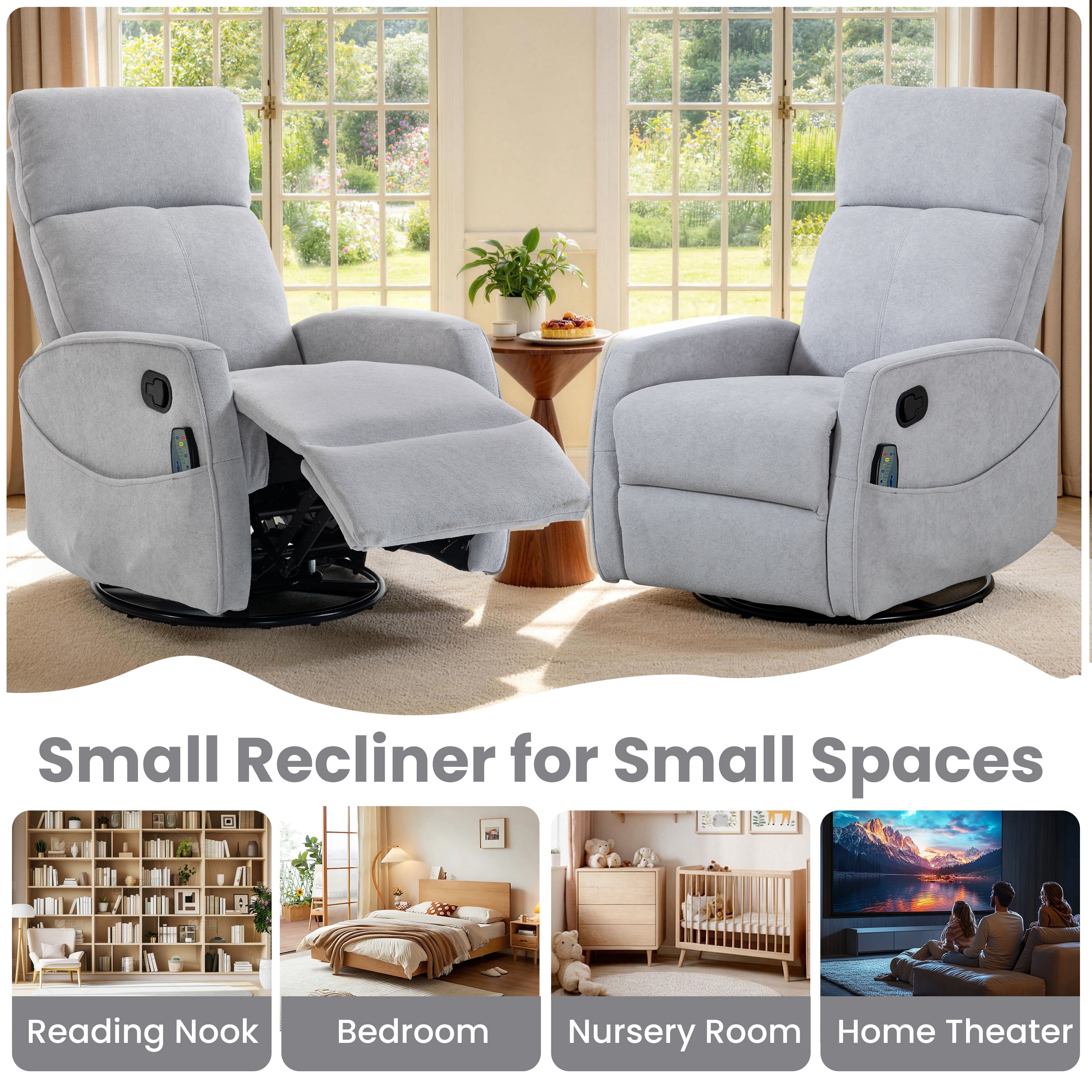 Rocker Recliner with Heat and Massage, LEGAHOME Velvet Upholstered 360° Swivel Rocking Recliner, Small Rocker Recliner with Side Pockets for Small Space, Manual Rocking Chair for Nursery, Gray