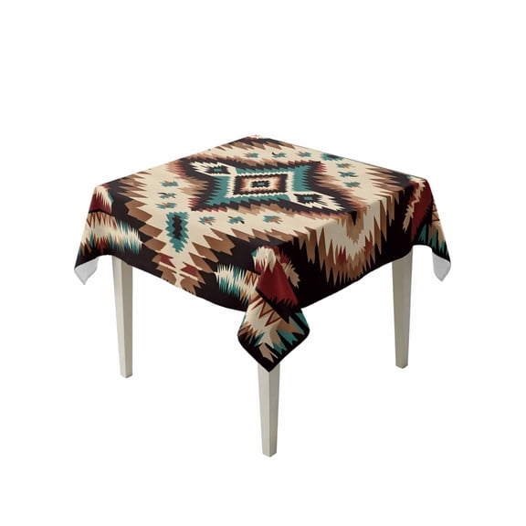 Brown Teal Red Boho Suqare Tablecloth - 60 x 60 Inch, Southwestern Vintage Geometric Art Waterproof & StainResistant Tablecloth, Washable Oil-proof Table Cover for Dining/Party/Wedding/Camping/Buffet