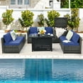 thumbnail image 2 of Patiojoy 9 PCS Rattan Dinning Set Wicker Sofa w/Propane Gas Fire Pit 60,000 Btu Heater Navy, 2 of 10
