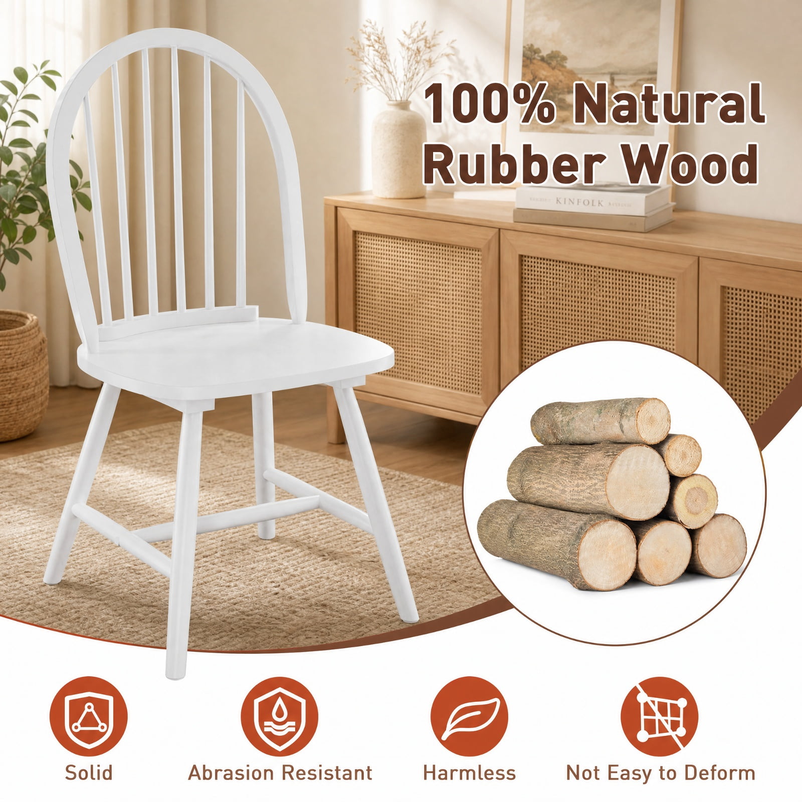 Furnibear Set of 2 Vintage Windsor Wood Chairs with High Spindle Back and Ergonomic Widened Seat for Dining Room and Kitchen, White