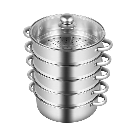Haraisyo 5-Tier Heavy Duty Stainless Steel Steamer Basket with Clear Glass Lid, 9.44 Inch Inner Diameter, Dishwasher Safe Multi-Layer Cooking Steaming Pot