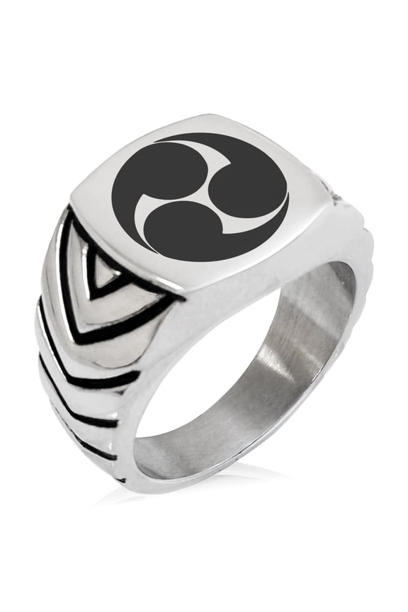 Stainless Steel Kobayakawa Samurai Crest Chevron Pattern Biker Style Polished Ring