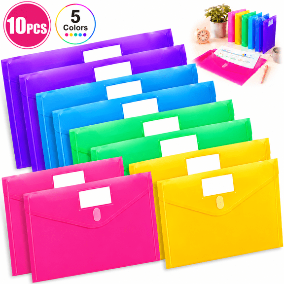 Emlimny 10 Pack Plastic File Folder with Pocket,5 Color Envelope Folder with Pockets Clear Folder for Document US Letter A4 Size File Envelopes with Label Pocket