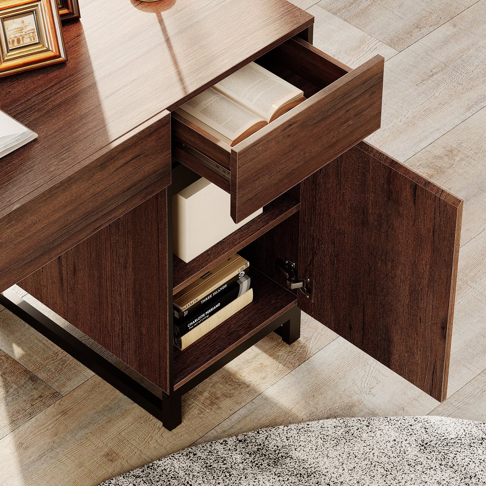 WAMPAT 59 Inch Home Office Desk, Modern Wood Study Computer Desk with Charging Station, File Drawer, 3 Drawers & 2 Cabinets, Brown