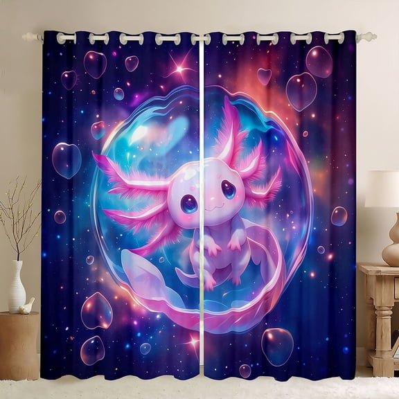jejeloiu Kawaii Axolotl Black Out Curtains,Galaxy Starry Sky Curtains Pack of 2 (42x63 Each) For Girls Women