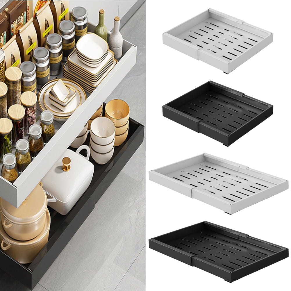 Expandable Pull Out Cabinet Organizer, Heavy Duty Slide Out Drawers, Fixed with Adhesive, Expandable Cabinet Pull Out Shelves for Kitchen Pantry Bathroom