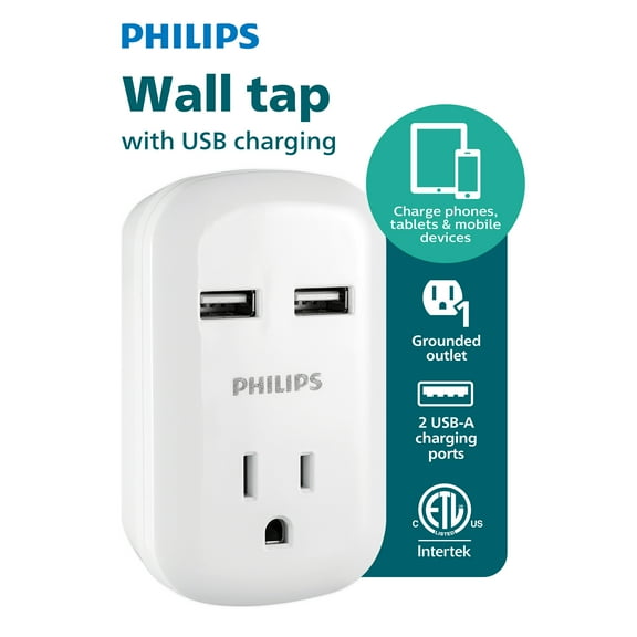 Philips 1 Outlet Wall Tap with 2 USB Ports, 15A/125VAC/1875W, White, SPP1201WA/37