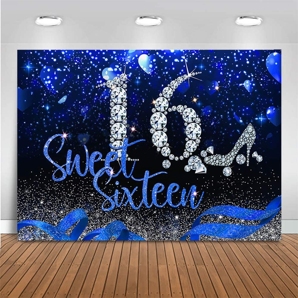 Blue and Silver 16th Birthday Backdrop Early 2000s Blue Heart Glitter