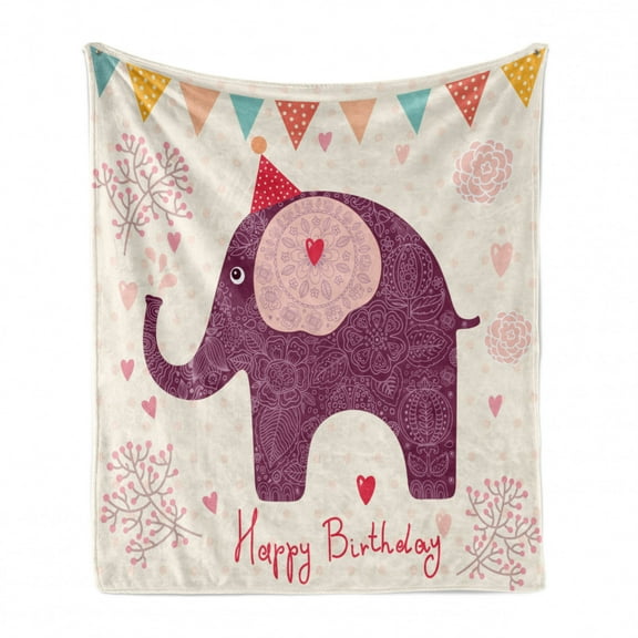 Birthday Party Soft Flannel Fleece Throw Blanket, Paisley Motif Image with Purple Color Party Cone Hearts and Flags, Cozy Plush for Indoor and Outdoor Use, 50" x 60", Pink, by Ambesonne