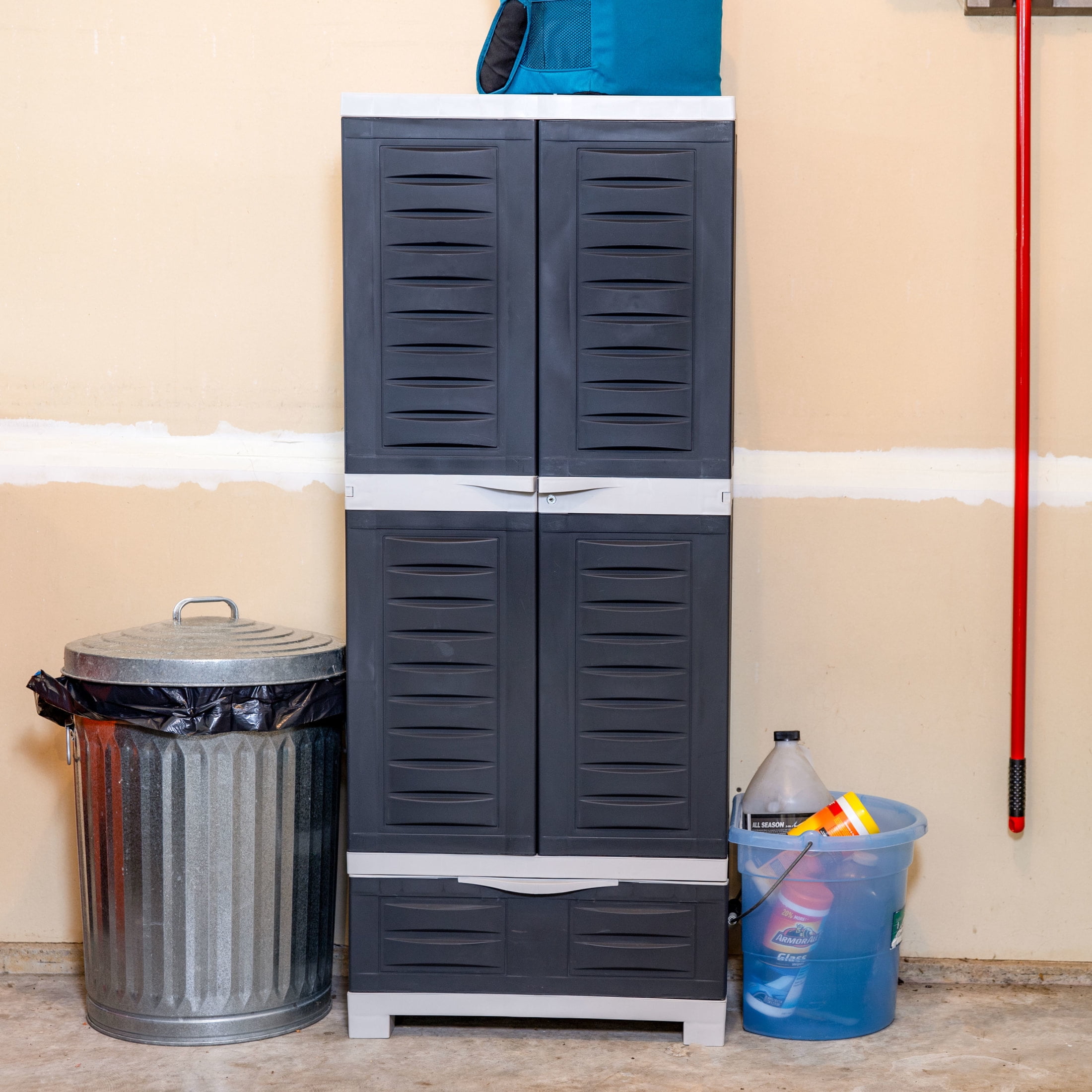 Sunnydaze Lockable Adjustable 57.5" Plastic 3-Shelf 1-Drawer Freestanding Storage Cabinet, Charcoal with Gray Trim