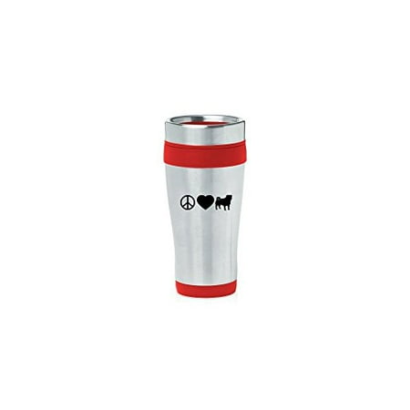 

Red 16oz Insulated Stainless Steel Travel Mug Z2384 Peace Love Pug MIP