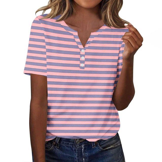 BVOFAR Womens Trendy Striped Tops 2025 Short Sleeve V Neck Button Shirts Summer Casual Color Block Tunics