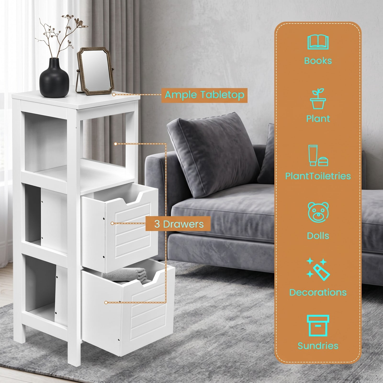 ALPULON Floor Cabinet Multifunction Storage Rack Stand Organizer, Freestanding Bathroom Storage Cabinet with 2 Drawers and 3 Open Shelves for Living Room, White