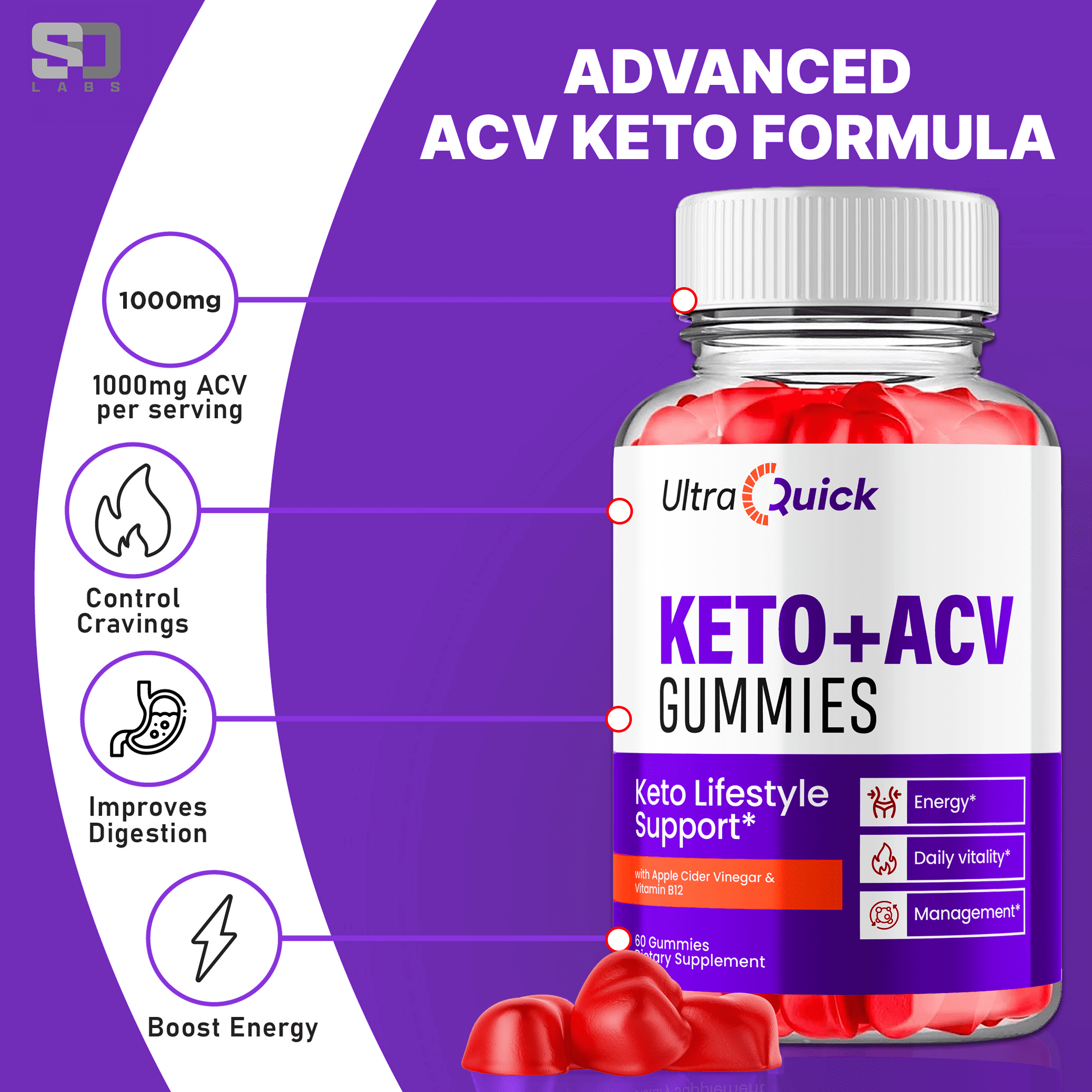 Ultra Quick Keto + ACV 1000MG Gummies Keto Lifestyle Support 5 Bottle Pack