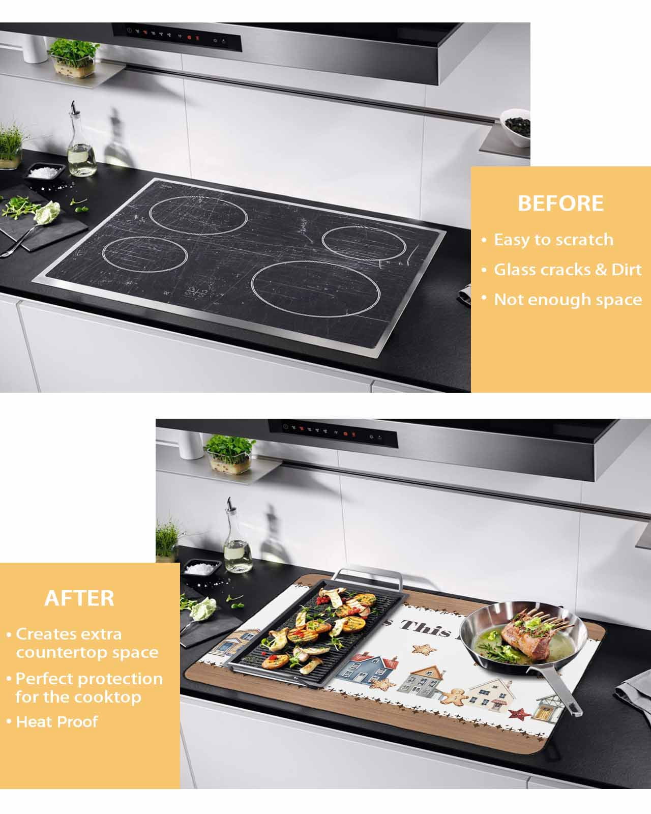 Large Induction Cooktop Protector Mat Vintage Gingerbread Stove Top Covers for Electric Stove, Stars House Retro Art Decorative Stove Burner Cover Mats, Glass Top Stove Cover