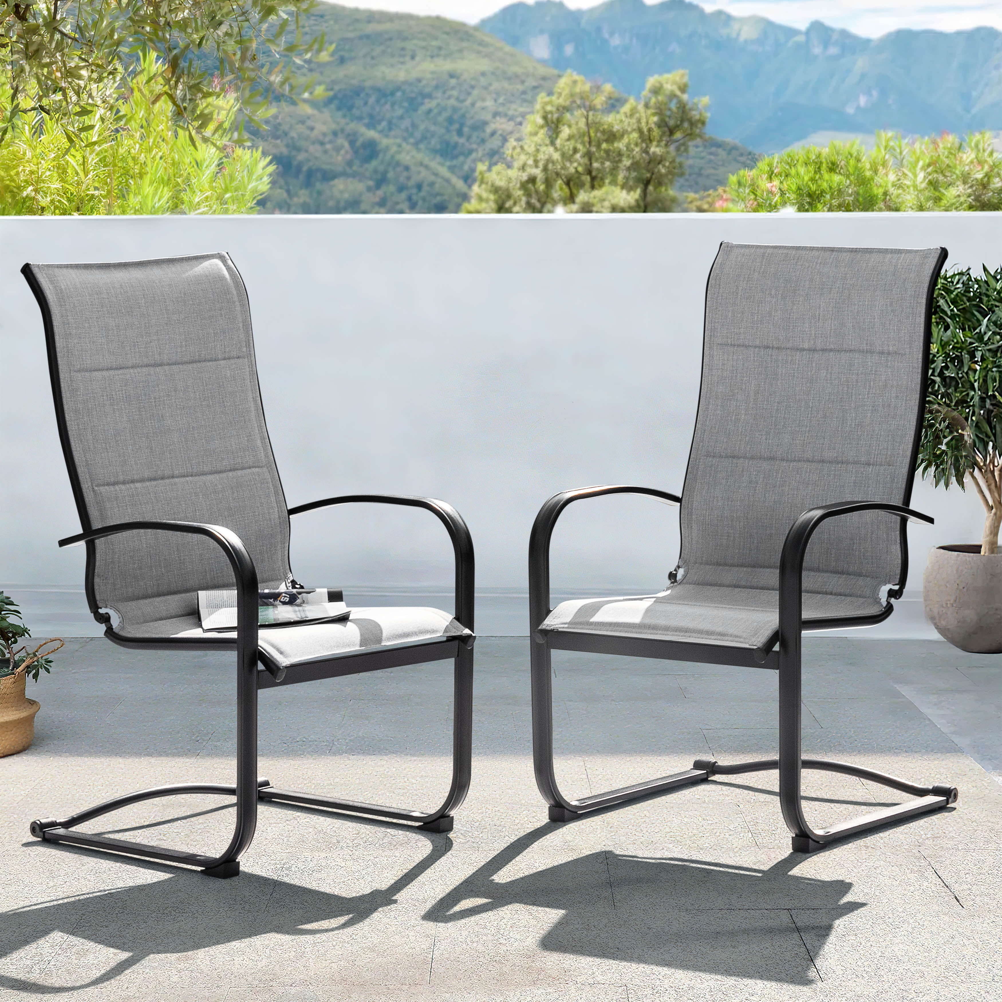Nuu Garden Patio Dining Chairs Set of 2, High Back Padded Textilene Patio Outdoor Chairs, Breathable Spring Motion Textilene, Gray