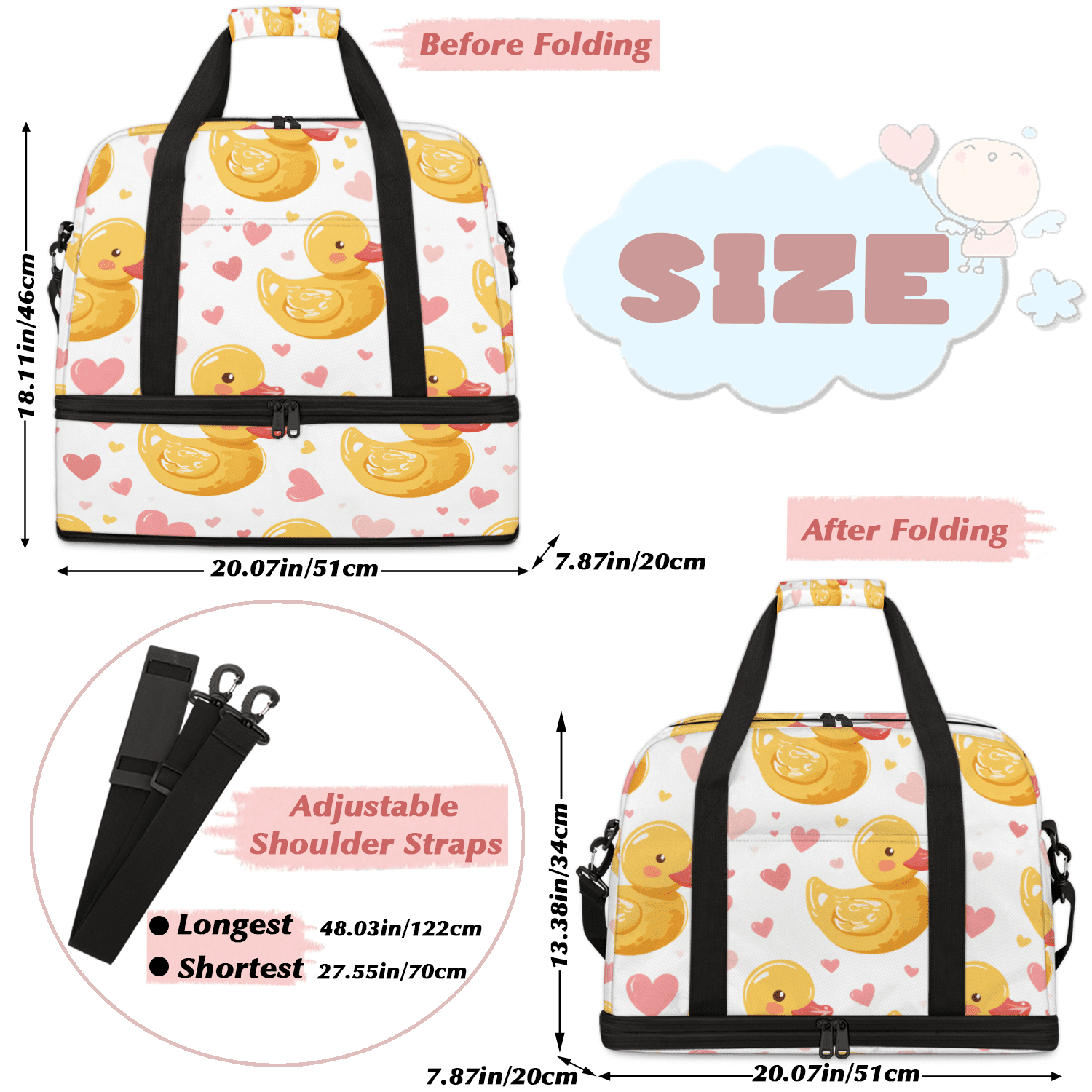 Herdesigns Cute Duck Foldable Travel Duffel Bag for Women Men, Pink Love Weekend Overnight Carry On Bags with Shoe Compartment