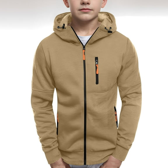 Cethrio Boys Zip up Hoodies Size 10-12, Drawstring Fall Long Sleeve Casual Sweatshirts for Boys Khaki