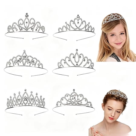 6 Pcs Princess Crystal Tiara Crown Headbands, Silver Metal Sparkly Glitter Rhinestone Hair Accessories for Kids Girls Teens Women Brides, Wedding Birthday Party Prom