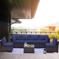thumbnail image 6 of Gotland Patio Furniture Set 7 Pieces Outdoor Sectional Rattan Sofa Set Brown Manual Wicker Patio Conversation Set with Navy Blue Cushions,1 Tempered Glass Tea Table, 6 of 6