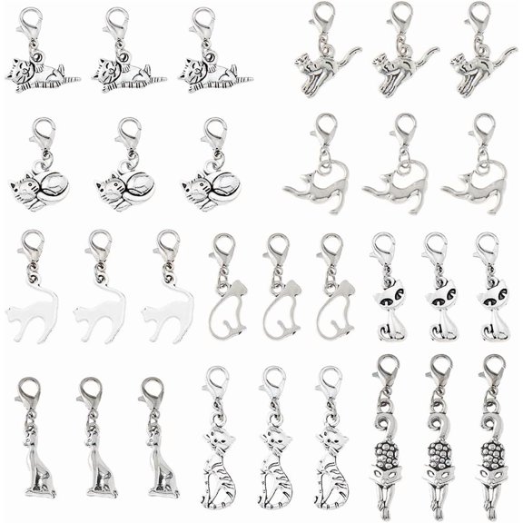30Pcs 10 Styles Tibetan Cat Charms Pendan Pet Pendants Silve Kitten Charm Clip on Charms Zipper Pulls Alloy Lobster Claw Clasps Pendants for DIY Keychain Jewelry Making
